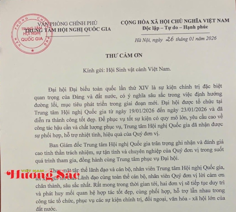 Thư cảm ơn gửi Hội Sinh vật cảnh Việt Nam sau Đại hội Đại biểu toàn quốc lần thứ XIV