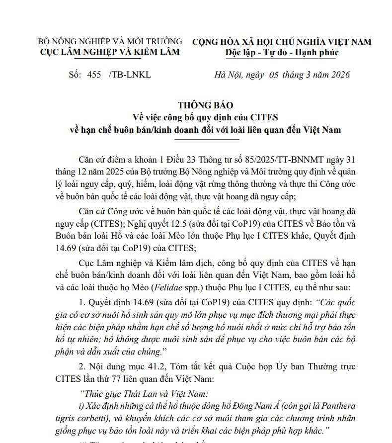 Việt Nam công bố quy định của CITES về quản lý buôn bán hổ và các loài họ Mèo
